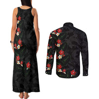 Hawaiian Taro Leaves-Hibiscus and Plumeria Couples Matching Tank Maxi Dress and Long Sleeve Button Shirt Floral Tribal Tattoo Motif