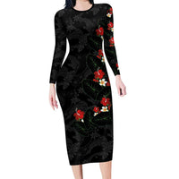 Hawaiian Taro Leaves-Hibiscus and Plumeria Family Matching Long Sleeve Bodycon Dress and Hawaiian Shirt Floral Tribal Tattoo Motif