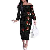 Hawaiian Taro Leaves-Hibiscus and Plumeria Family Matching Off The Shoulder Long Sleeve Dress and Hawaiian Shirt Floral Tribal Tattoo Motif