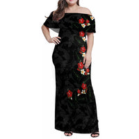 Hawaiian Taro Leaves-Hibiscus and Plumeria Family Matching Off Shoulder Maxi Dress and Hawaiian Shirt Floral Tribal Tattoo Motif