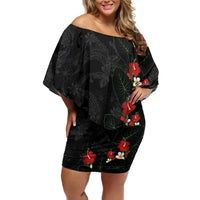Hawaiian Taro Leaves-Hibiscus and Plumeria Family Matching Off Shoulder Short Dress and Hawaiian Shirt Floral Tribal Tattoo Motif