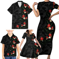 Hawaiian Taro Leaves-Hibiscus and Plumeria Family Matching Short Sleeve Bodycon Dress and Hawaiian Shirt Floral Tribal Tattoo Motif