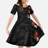 Hawaiian Taro Leaves-Hibiscus and Plumeria Kid Short Sleeve Dress Floral Tribal Tattoo Motif