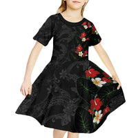 Hawaiian Taro Leaves-Hibiscus and Plumeria Kid Short Sleeve Dress Floral Tribal Tattoo Motif