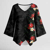 Hawaiian Taro Leaves-Hibiscus and Plumeria Kimono Sleeve Blouse Floral Tribal Tattoo Motif