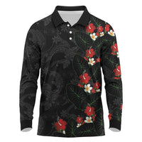 Hawaiian Taro Leaves-Hibiscus and Plumeria Long Sleeve Polo Shirt Floral Tribal Tattoo Motif