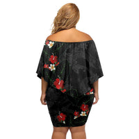 Hawaiian Taro Leaves-Hibiscus and Plumeria Off Shoulder Short Dress Floral Tribal Tattoo Motif
