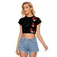 Hawaiian Taro Leaves-Hibiscus and Plumeria Raglan Cropped T Shirt Floral Tribal Tattoo Motif