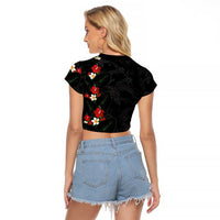 Hawaiian Taro Leaves-Hibiscus and Plumeria Raglan Cropped T Shirt Floral Tribal Tattoo Motif