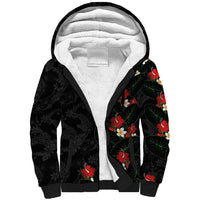 Hawaiian Taro Leaves-Hibiscus and Plumeria Sherpa Hoodie Floral Tribal Tattoo Motif