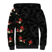 Hawaiian Taro Leaves-Hibiscus and Plumeria Sherpa Hoodie Floral Tribal Tattoo Motif