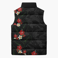 Hawaiian Taro Leaves-Hibiscus and Plumeria Sleeveless Puffer Jacket Floral Tribal Tattoo Motif
