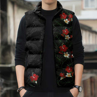 Hawaiian Taro Leaves-Hibiscus and Plumeria Sleeveless Puffer Jacket Floral Tribal Tattoo Motif