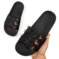 Hawaiian Taro Leaves-Hibiscus and Plumeria Slide Sandals Floral Tribal Tattoo Motif
