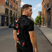 Hawaiian Taro Leaves-Hibiscus and Plumeria Zipper Polo Shirt Floral Tribal Tattoo Motif