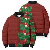 Hawaiian Taro Leaves-Hibiscus and Plumeria Bomber Puffer Jacket Polynesian Art-Kakau Tattoo Red