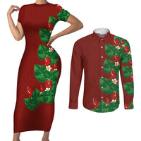 Hawaiian Taro Leaves-Hibiscus and Plumeria Couples Matching Short Sleeve Bodycon Dress and Long Sleeve Button Shirt Polynesian Art-Kakau Tattoo Red