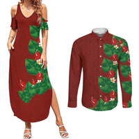 Hawaiian Taro Leaves-Hibiscus and Plumeria Couples Matching Summer Maxi Dress and Long Sleeve Button Shirt Polynesian Art-Kakau Tattoo Red