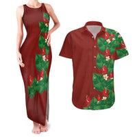 Hawaiian Taro Leaves-Hibiscus and Plumeria Couples Matching Tank Maxi Dress and Hawaiian Shirt Polynesian Art-Kakau Tattoo Red