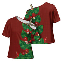 Hawaiian Taro Leaves-Hibiscus and Plumeria Cross Shoulder Shirt Polynesian Art-Kakau Tattoo Red