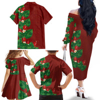 Hawaiian Taro Leaves-Hibiscus and Plumeria Family Matching Off The Shoulder Long Sleeve Dress and Hawaiian Shirt Polynesian Art-Kakau Tattoo Red