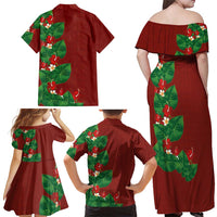 Hawaiian Taro Leaves-Hibiscus and Plumeria Family Matching Off Shoulder Maxi Dress and Hawaiian Shirt Polynesian Art-Kakau Tattoo Red