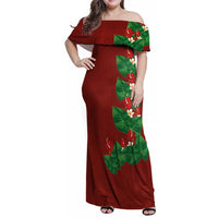 Hawaiian Taro Leaves-Hibiscus and Plumeria Family Matching Off Shoulder Maxi Dress and Hawaiian Shirt Polynesian Art-Kakau Tattoo Red