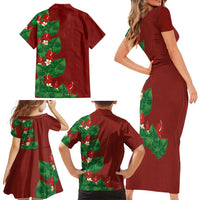 Hawaiian Taro Leaves-Hibiscus and Plumeria Family Matching Short Sleeve Bodycon Dress and Hawaiian Shirt Polynesian Art-Kakau Tattoo Red