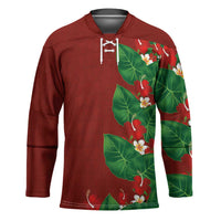 Hawaiian Taro Leaves-Hibiscus and Plumeria Hockey Jersey Polynesian Art-Kakau Tattoo Red