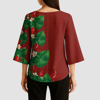 Hawaiian Taro Leaves-Hibiscus and Plumeria Kimono Sleeve Blouse Polynesian Art-Kakau Tattoo Red