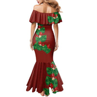 Hawaiian Taro Leaves-Hibiscus and Plumeria Mermaid Dress Polynesian Art-Kakau Tattoo Red