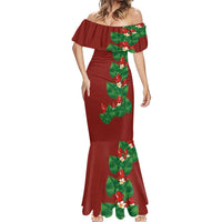 Hawaiian Taro Leaves-Hibiscus and Plumeria Mermaid Dress Polynesian Art-Kakau Tattoo Red