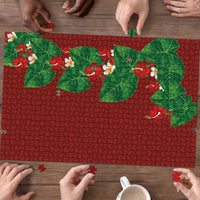 Hawaiian Taro Leaves-Hibiscus and Plumeria Puzzle Polynesian Art-Kakau Tattoo Red LT03 - Polynesian Pride