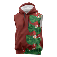 Hawaiian Taro Leaves-Hibiscus and Plumeria Sleeveless Hoodie Polynesian Art-Kakau Tattoo Red