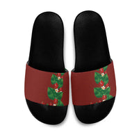 Hawaiian Taro Leaves-Hibiscus and Plumeria Slide Sandals Polynesian Art-Kakau Tattoo Red