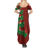 Hawaiian Taro Leaves-Hibiscus and Plumeria Summer Maxi Dress Polynesian Art-Kakau Tattoo Red