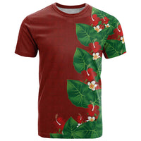Hawaiian Taro Leaves-Hibiscus and Plumeria T Shirt Polynesian Art-Kakau Tattoo Red