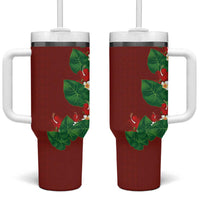 Hawaiian Taro Leaves-Hibiscus and Plumeria Tumbler With Handle Polynesian Art-Kakau Tattoo Red