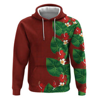 Hawaiian Taro Leaves-Hibiscus and Plumeria Zip Hoodie Polynesian Art-Kakau Tattoo Red