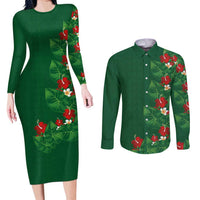 Hawaiian Taro Leaves-Hibiscus and Plumeria Couples Matching Long Sleeve Bodycon Dress and Long Sleeve Button Shirt Polynesian Art-Kakau Tattoo Green