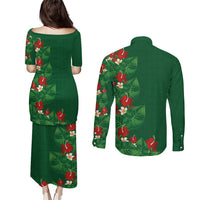 Hawaiian Taro Leaves-Hibiscus and Plumeria Couples Matching Puletasi and Long Sleeve Button Shirt Polynesian Art-Kakau Tattoo Green