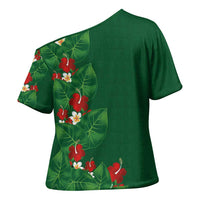 Hawaiian Taro Leaves-Hibiscus and Plumeria Cross Shoulder Shirt Polynesian Art-Kakau Tattoo Green