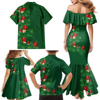 Hawaiian Taro Leaves-Hibiscus and Plumeria Family Matching Mermaid Dress and Hawaiian Shirt Polynesian Art-Kakau Tattoo Green