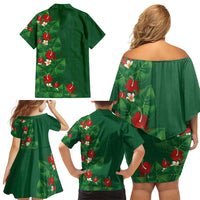 Hawaiian Taro Leaves-Hibiscus and Plumeria Family Matching Off Shoulder Short Dress and Hawaiian Shirt Polynesian Art-Kakau Tattoo Green