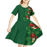 Hawaiian Taro Leaves-Hibiscus and Plumeria Kid Short Sleeve Dress Polynesian Art-Kakau Tattoo Green