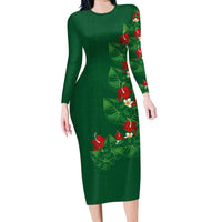 Hawaiian Taro Leaves-Hibiscus and Plumeria Long Sleeve Bodycon Dress Polynesian Art-Kakau Tattoo Green