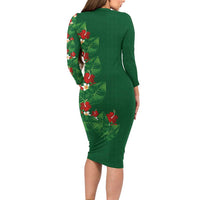 Hawaiian Taro Leaves-Hibiscus and Plumeria Long Sleeve Bodycon Dress Polynesian Art-Kakau Tattoo Green