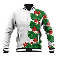 Hawaiian Taro Leaves-Hibiscus and Plumeria Baseball Jacket Polynesian Art-Kakau Tattoo White LT03 Unisex White - Polynesian Pride