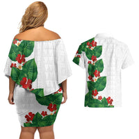 Hawaiian Taro Leaves-Hibiscus and Plumeria Couples Matching Off Shoulder Short Dress and Hawaiian Shirt Polynesian Art-Kakau Tattoo White