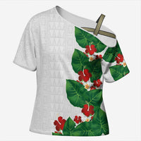 Hawaiian Taro Leaves-Hibiscus and Plumeria Cross Shoulder Shirt Polynesian Art-Kakau Tattoo White